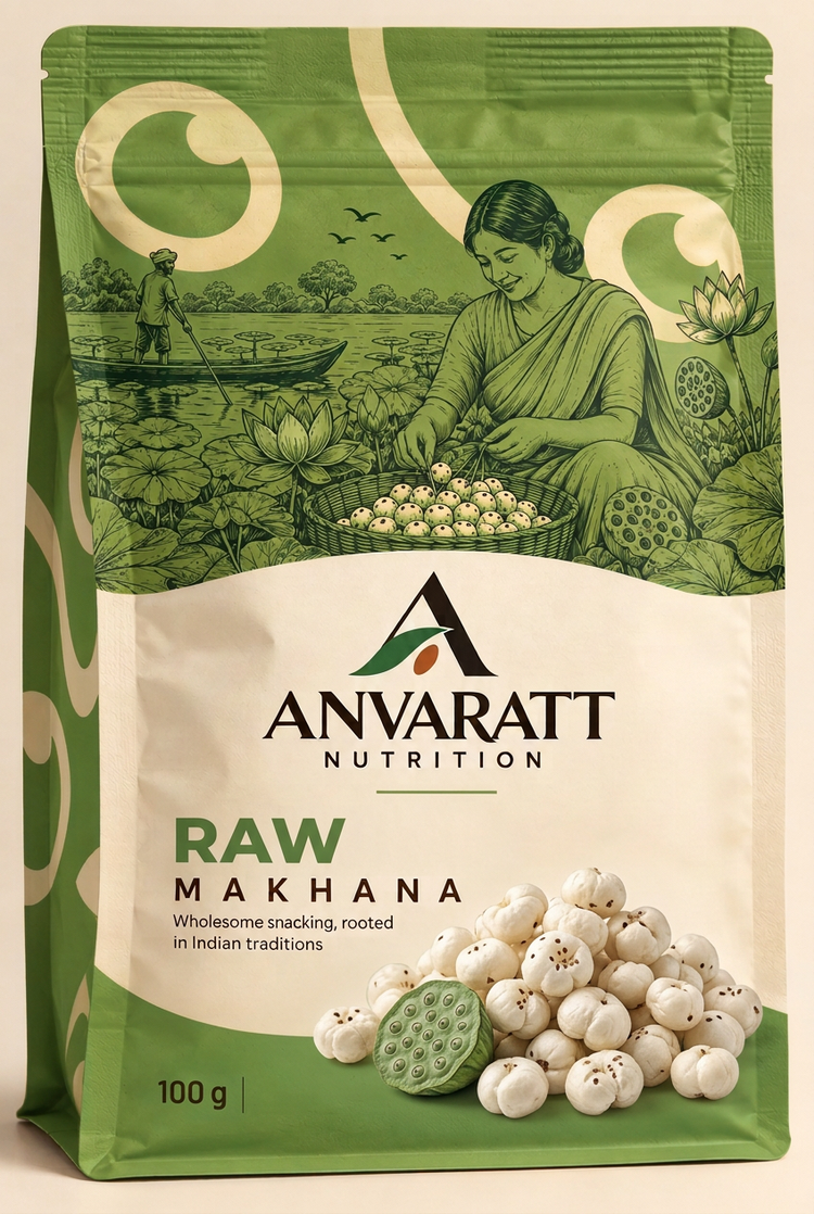 Anvaratt Nutrition Raw Makhana 100 g green pouch (illustrative mockup)